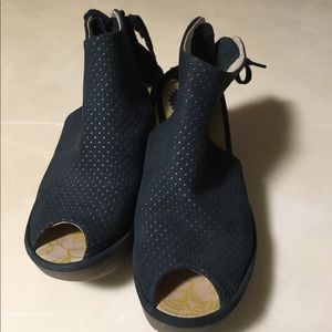Fly London dark blue suede, lace back, open toe. Like new.